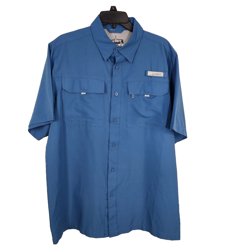 Habit Men Shirt Medium Kona Beach Short Sleeve Vented UPF 40+ Fishing Blue Ashes